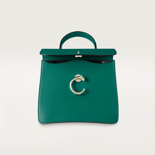 Top handle bag small model, Panthère de Cartier Dark green calfskin, golden finish