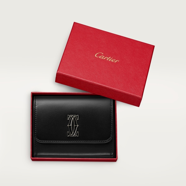 Mini wallet, C de Cartier Black calfskin, gold and black enamel finish