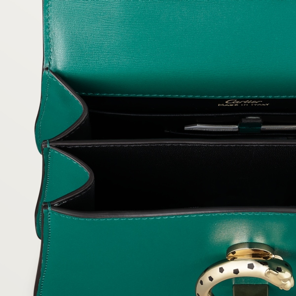 Top handle bag mini model, Panthère de Cartier Dark green calfskin, golden finish