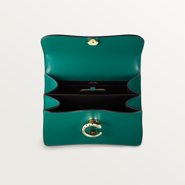 Top handle bag small model, Panthère de Cartier Dark green calfskin, golden finish