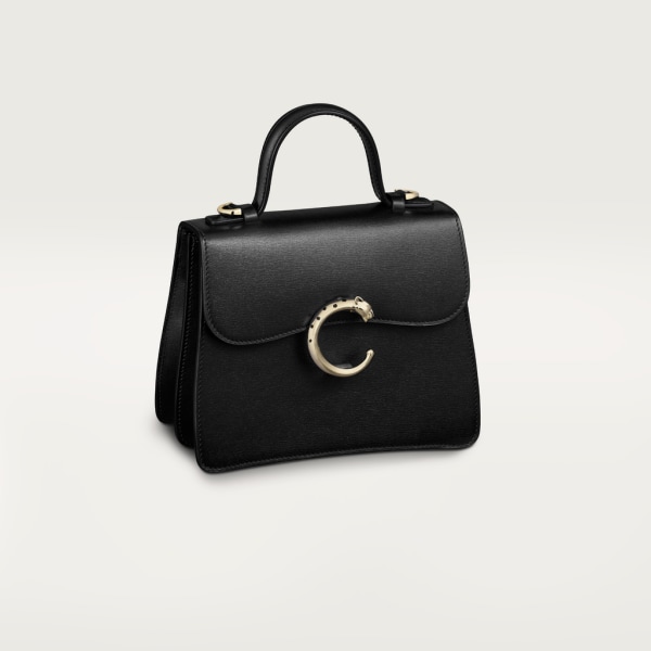 Top handle bag mini model, Panthère de Cartier Black calfskin, gold finish