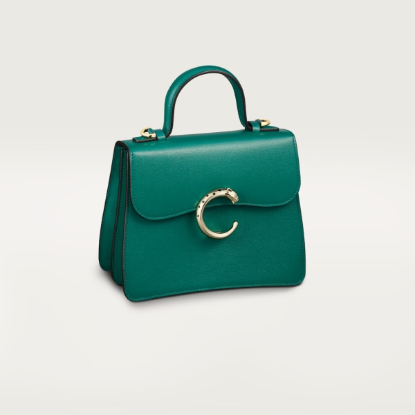 Top handle bag mini model, Panthère de Cartier Dark green calfskin, golden finish