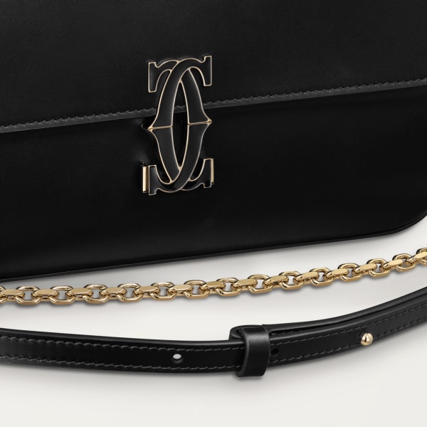 Small model chain bag, C de Cartier Black calfskin, gold and black enamel finish