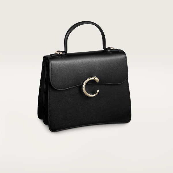 Top handle bag small model, Panthère de Cartier Black calfskin, gold finish