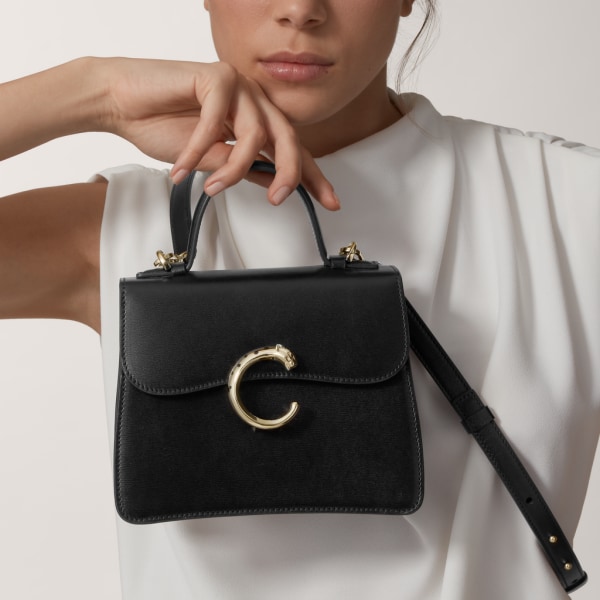 Top handle bag mini model, Panthère de Cartier Black calfskin, gold finish