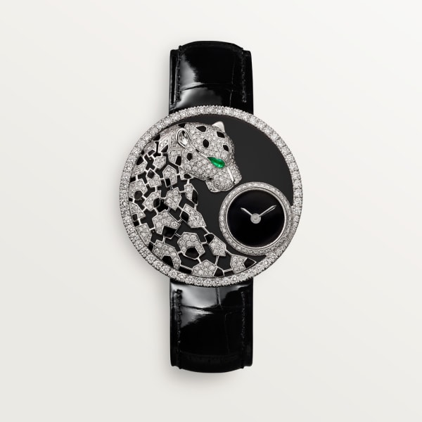 Panthère Jewellery Watches 36mm, quartz movement, white gold, diamonds, emerald, lacquer, leather