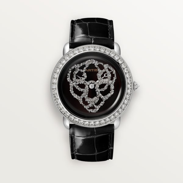 Révélation d'une Panthère watch 37 mm, rhodium-finish white gold, diamonds, leather