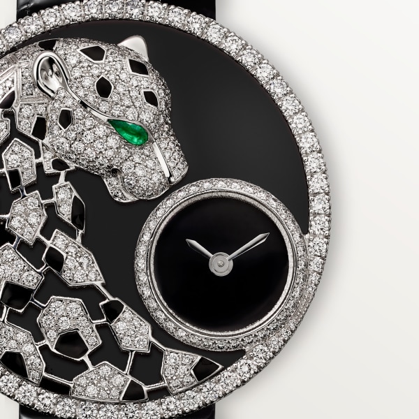 Panthère Jewellery Watches 36mm, quartz movement, white gold, diamonds, emerald, lacquer, leather