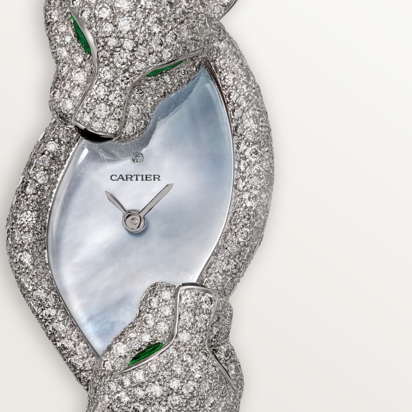 Panthère Jewellery Watches White gold, quartz, emeralds, black lacquer, leather, diamonds