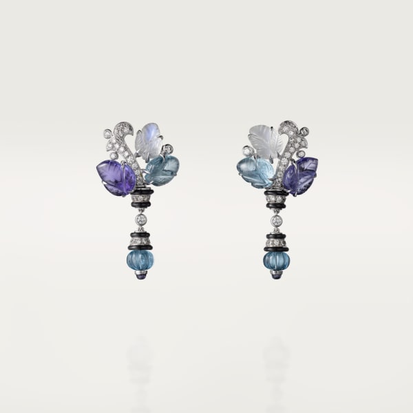 Earrings with engraved stones White gold, aquamarines, tanzanites, moonstones, onyx, diamonds