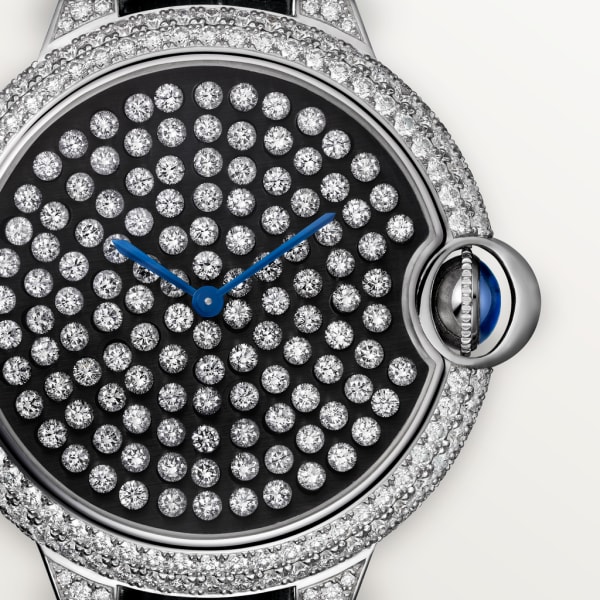 Ballon Bleu de Cartier watch 42mm, hand-wound mechanical movement, white gold, diamonds, leather