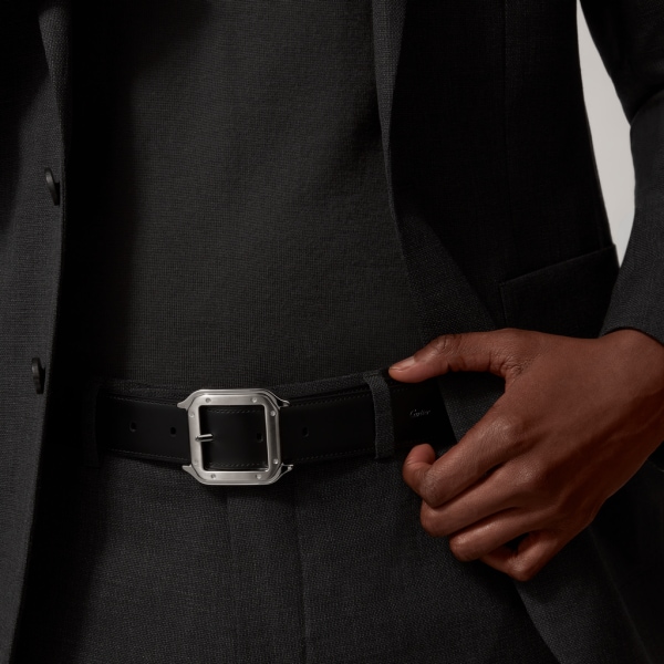 Belt, Santos de Cartier Black cowhide, palladium-finish buckle