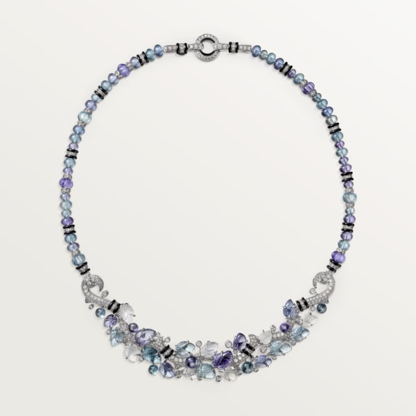 Necklace with engraved stones White gold, aquamarines, tanzanites, moonstones, onyx, diamonds