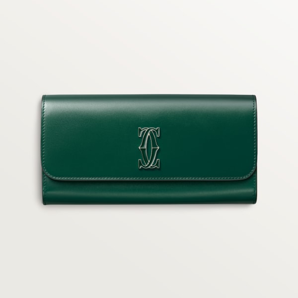 International wallet with flap, C de Cartier Dark green calfskin, gold and dark green enamel finish