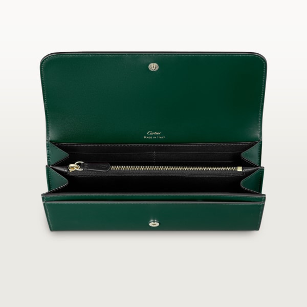 International wallet with flap, C de Cartier Dark green calfskin, gold and dark green enamel finish