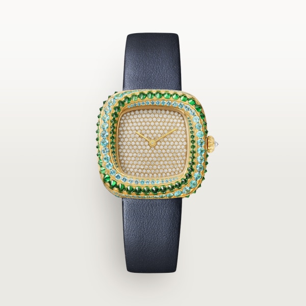 Coussin de Cartier watch Medium model, quartz movement, yellow gold, diamonds, tourmalines, tsavorites, leather