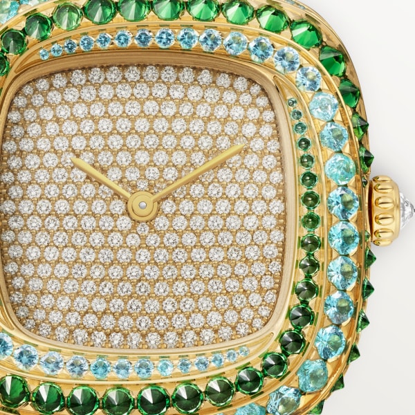 Coussin de Cartier watch Medium model, quartz movement, yellow gold, diamonds, tourmalines, tsavorites, leather