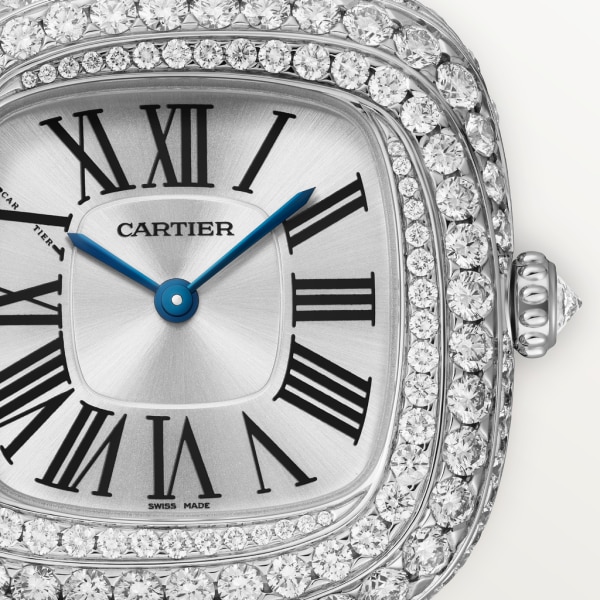 Coussin de Cartier watch Medium model, quartz movement, rhodium-finish white gold, diamonds, leather