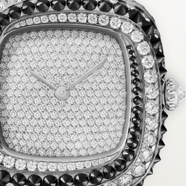 Coussin de Cartier watch Medium model, quartz movement, rhodium-finish white gold, diamonds, spinels, leather