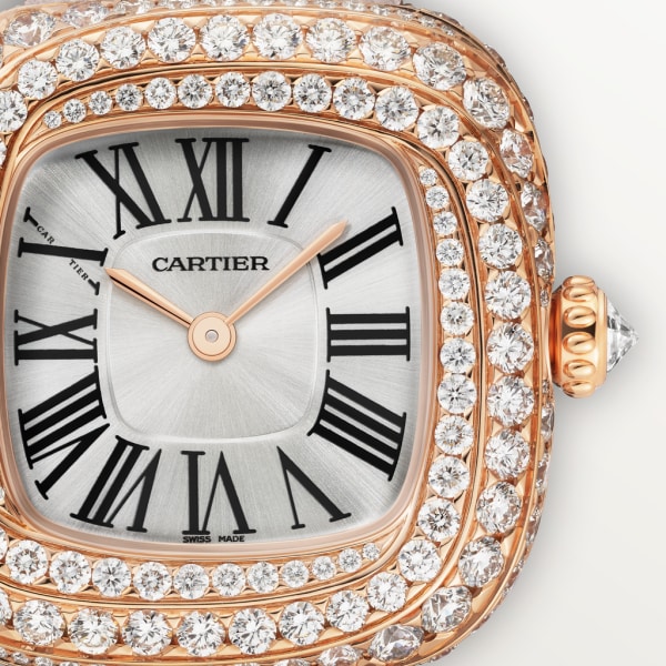 Coussin de Cartier watch Small model, quartz movement, rose gold, diamonds, leather