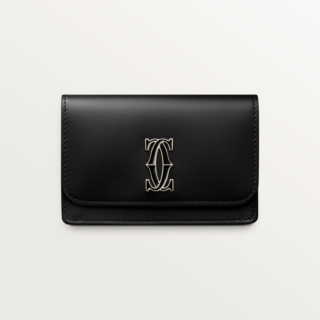 Multi-card holder with flap, C de CartierBlack calfskin, gold and black enamel finish