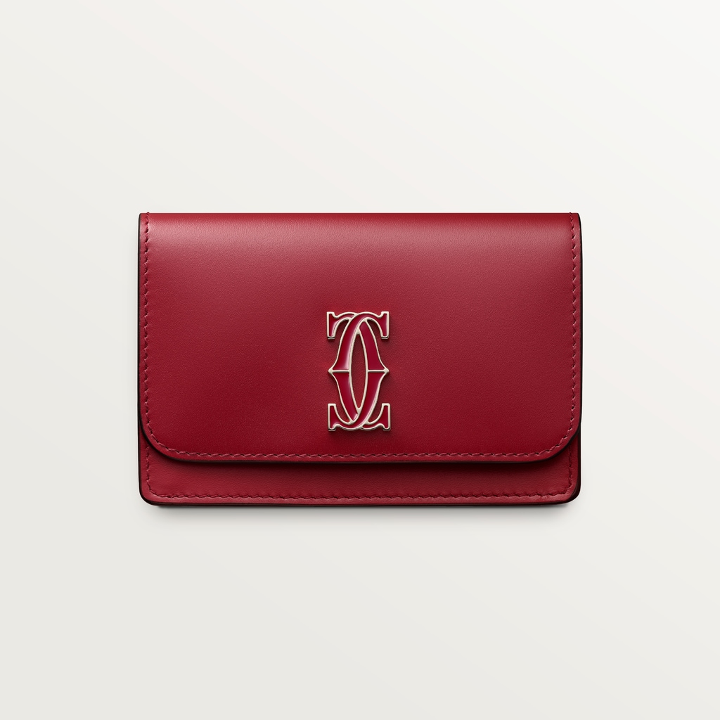 Multi-card holder with flap, C de CartierCherry red calfskin, golden finish and cherry red enamel