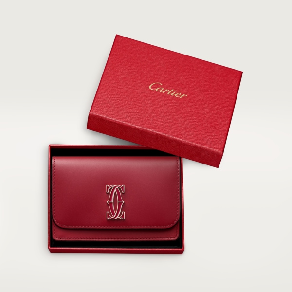 Multi-card holder with flap, C de Cartier Cherry red calfskin, golden finish and cherry red enamel