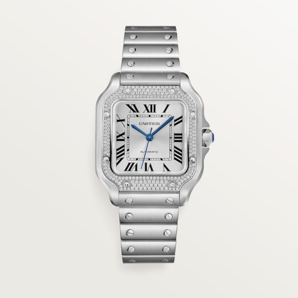 Santos de Cartier watch Medium model, automatic, steel, diamonds, interchangeable metal and leather bracelets