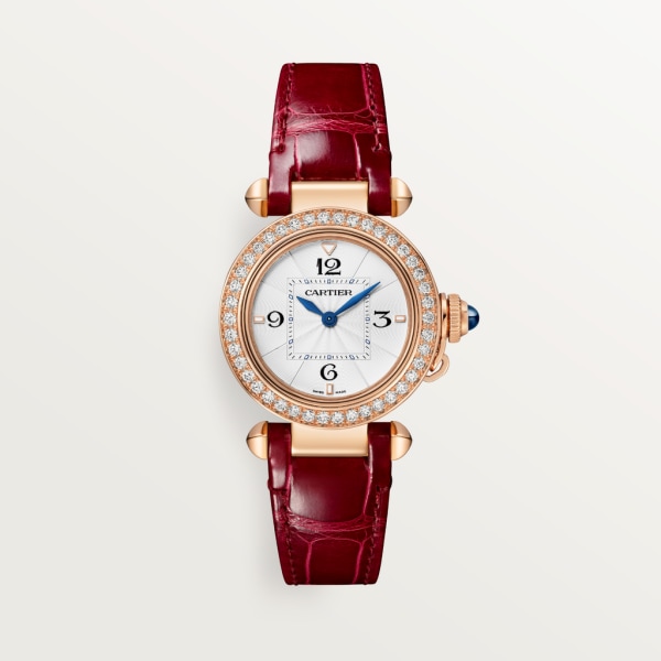 Pasha de Cartier watch 30 mm, quartz movement, rose gold, diamonds, interchangeable leather straps