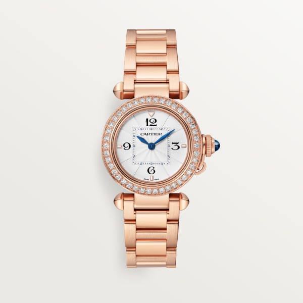 Pasha de Cartier watch 30 mm, quartz movement, rose gold, diamonds, interchangeable metal and leather straps