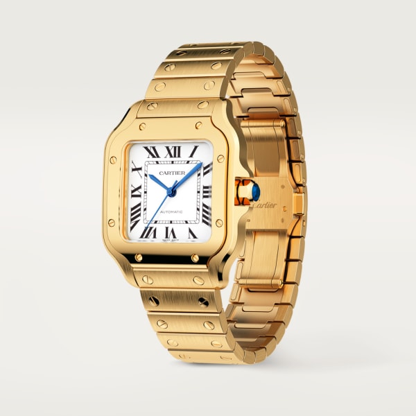 Santos de Cartier watch Medium model, automatic movement, yellow gold, interchangeable metal and leather bracelets