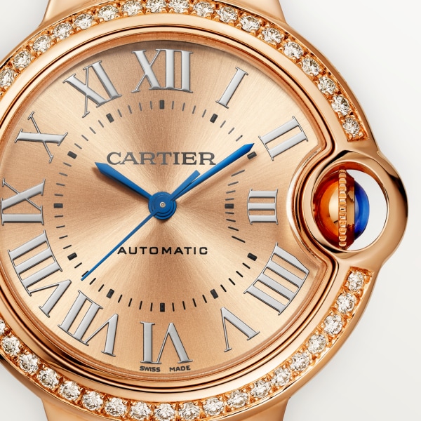 Ballon Bleu de Cartier watch 33 mm, automatic movement, 18K rose gold, diamonds, leather