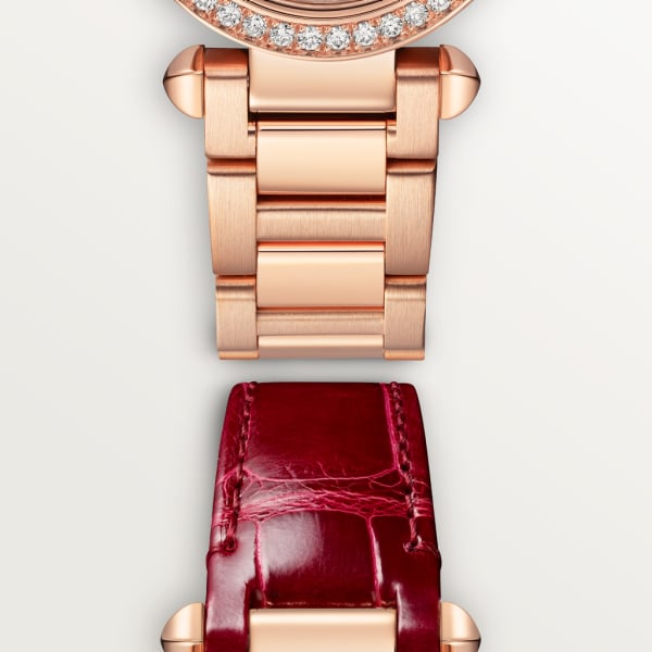 Pasha de Cartier watch 30 mm, quartz movement, rose gold, diamonds, interchangeable metal and leather straps