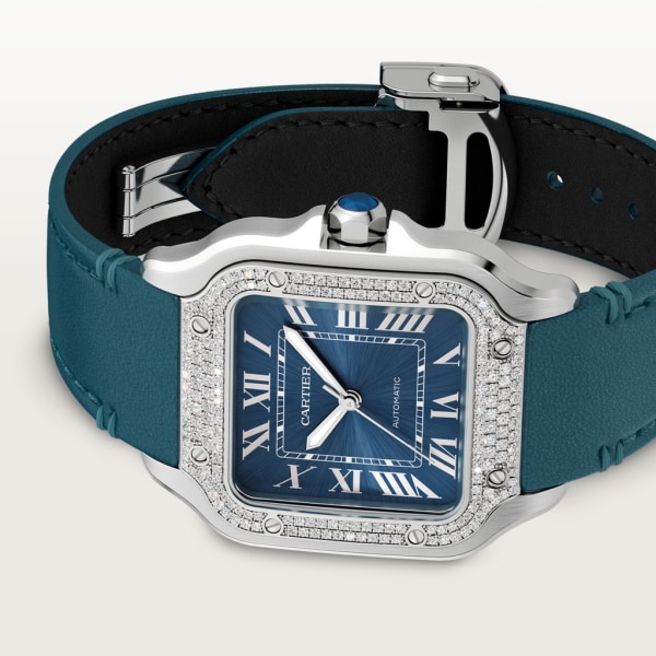 Santos de Cartier watch Medium model, automatic movement, steel, diamonds, blue dial, interchangeable metal and leather bracelets