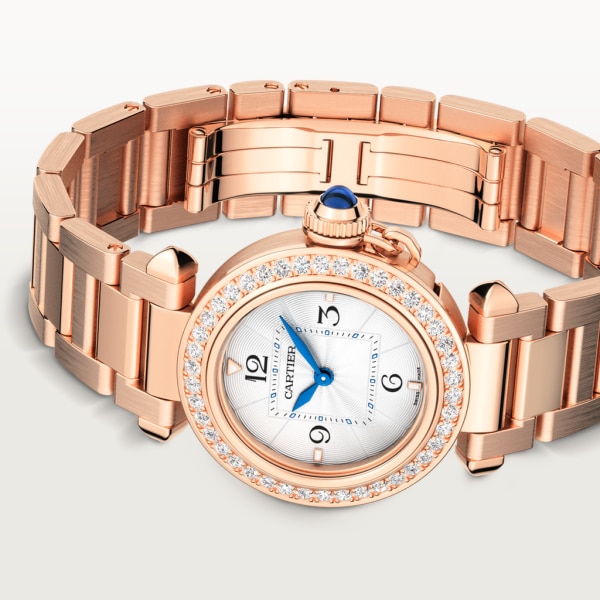 Pasha de Cartier watch 30 mm, quartz movement, rose gold, diamonds, interchangeable metal and leather straps