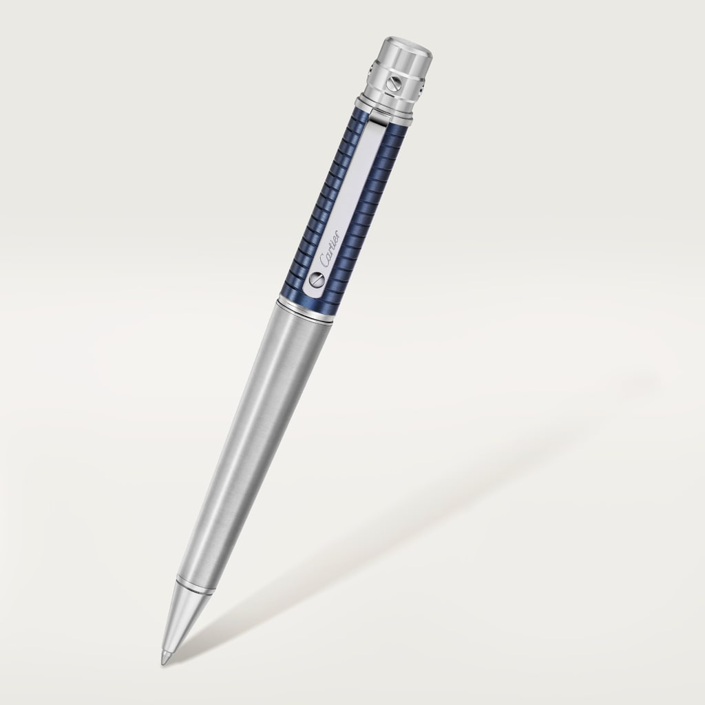 Santos de Cartier ballpoint penLarge model, brushed and engraved striated metal covered with blue PVD, palladium finish