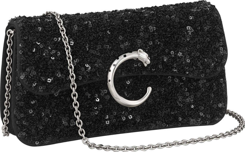 Mini chain bag, Panthère de CartierBlack sequins on a recycled ECONYL® base, palladium and black enamel finish