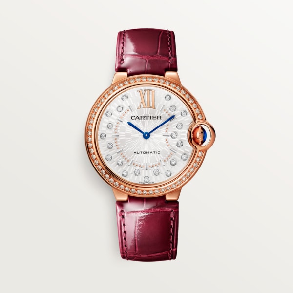 Ballon Bleu de Cartier watch 36 mm, automatic mechanical movement, rose gold, diamonds, leather