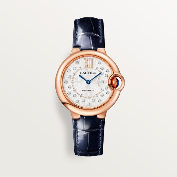 Ballon Bleu de Cartier watch 33 mm, automatic mechanical movement, rose gold, diamonds, leather