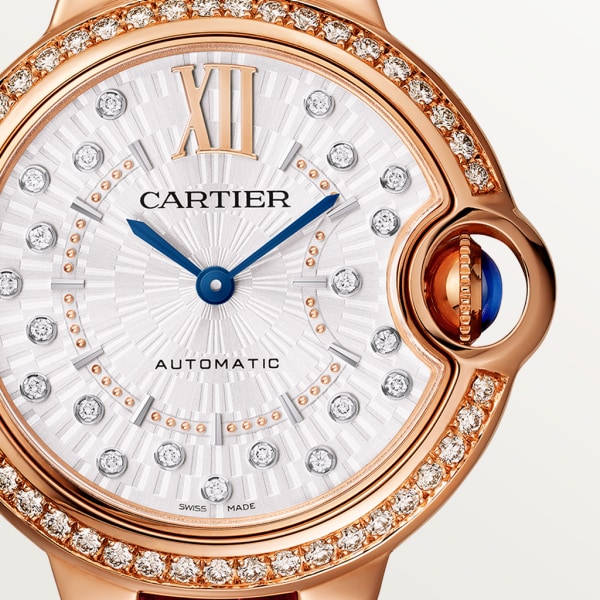 Ballon Bleu de Cartier watch 33 mm, automatic mechanical movement, rose gold, diamonds, leather