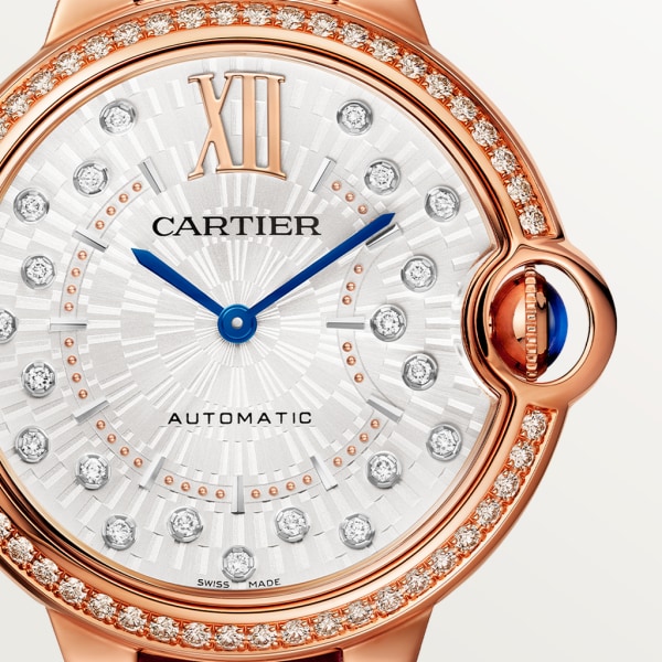 Ballon Bleu de Cartier watch 36 mm, automatic mechanical movement, rose gold, diamonds, leather