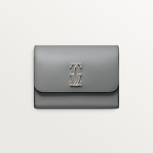 Mini wallet, C de Cartier Grey calfskin, grey enamel and golden finish