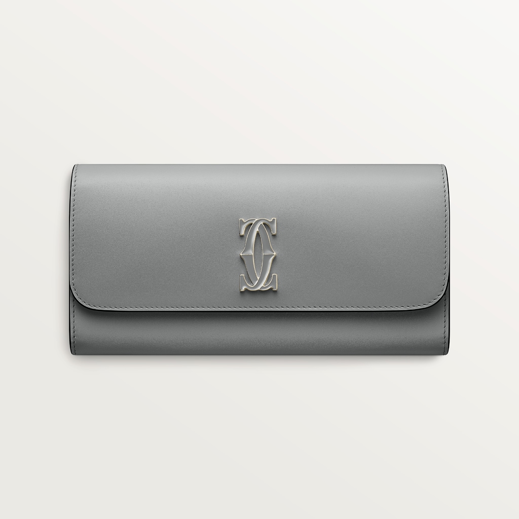 International wallet with flap, C de CartierGrey calfskin, grey enamel and golden finish