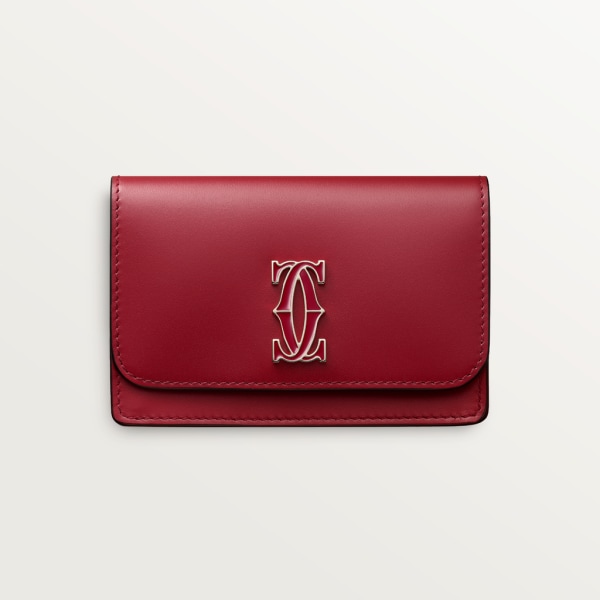 Multi-card holder with flap, C de Cartier Cherry red calfskin, golden finish and cherry red enamel