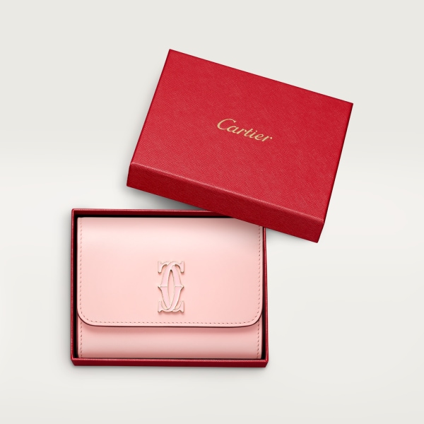 Mini wallet, C de Cartier Pale pink calfskin, golden and pale pink enamel finish