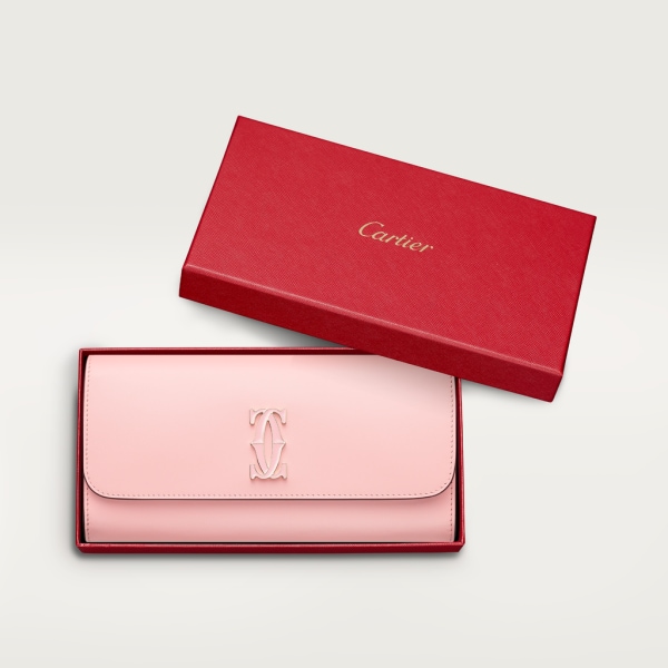 International wallet with flap, C de Cartier Pale pink calfskin, golden and pale pink enamel finish