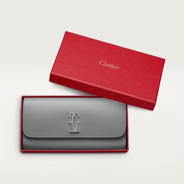 International wallet with flap, C de Cartier Grey calfskin, grey enamel and golden finish