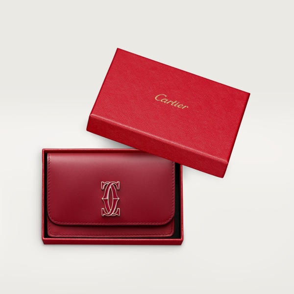 Multi-card holder with flap, C de Cartier Cherry red calfskin, golden finish and cherry red enamel