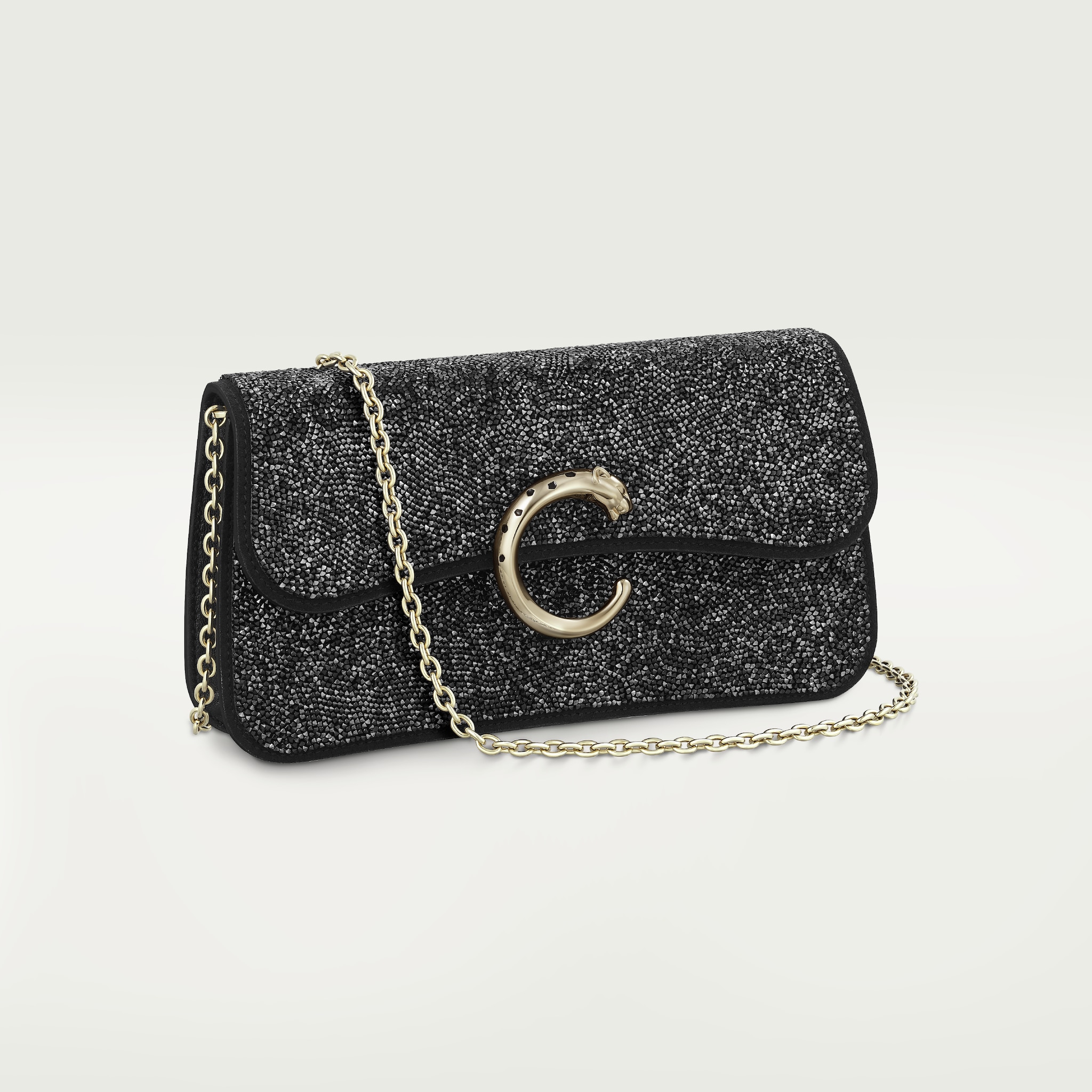 Chain bag mini, Panthère de CartierBlack glass beads, fabric, golden finish and black enamel