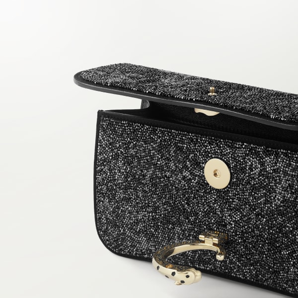 Chain bag mini, Panthère de Cartier Black glass beads, fabric, golden finish and black enamel